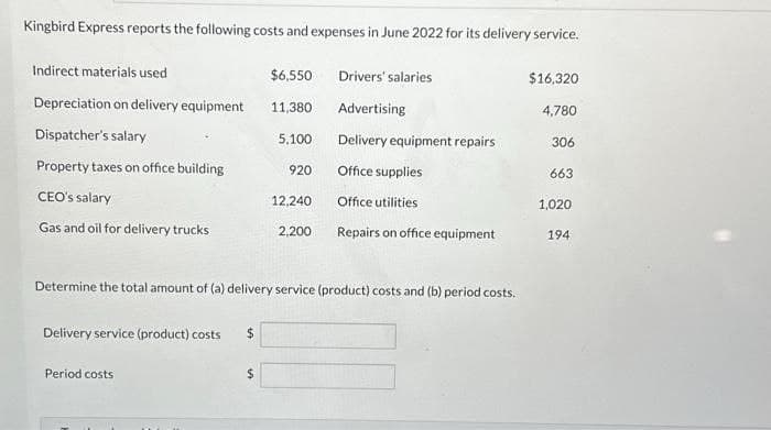 Kingbird Express reports the following costs and expenses in June 2022 for its delivery service.
Indirect materials used
Depreciation on delivery equipment
Dispatcher's salary
Property taxes on office building
CEO's salary
Gas and oil for delivery trucks
Delivery service (product) costs $
Period costs
$6,550
$
11,380
5,100
920
12,240
Determine the total amount of (a) delivery service (product) costs and (b) period costs.
2,200
Drivers' salaries
Advertising
Delivery equipment repairs
Office supplies
Office utilities
Repairs on office equipment
$16,320
4,780
306
663
1,020
194