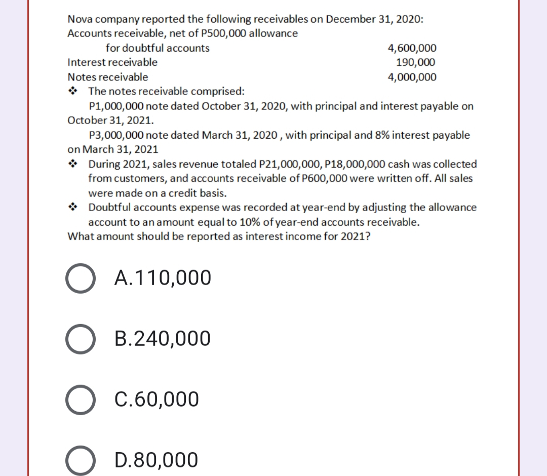 Nova company reported the following receivables on December 31, 2020:
Accounts receivable, net of P500,000 allowance
for doubtful accounts
4,600,000
190,000
Interest receivable
Notes receivable
4,000,000
* The notes receivable comprised:
P1,000,000 note dated October 31, 2020, with principal and interest payable on
October 31, 2021.
P3,000,000 note dated March 31, 2020 , with principal and 8% interest payable
on March 31, 2021
* During 2021, sales revenue totaled P21,000,000, P18,000,000 cash was collected
from customers, and accounts receivable of P600,000 were written off. All sales
were made on a credit basis.
* Doubtful accounts expense was recorded at year-end by adjusting the allowance
account to an amount equal to 10% of year-end accounts receivable.
What amount should be reported as interest income for 2021?
A.110,000
B.240,000
C.60,000
D.80,000
