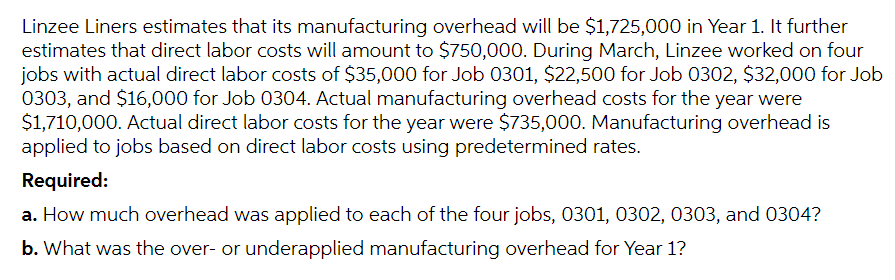 Linzee Liners estimates that its manufacturing overhead will be $1,725,000 in Year 1. It further
estimates that direct labor costs will amount to $750,000. During March, Linzee worked on four
jobs with actual direct labor costs of $35,000 for Job 0301, $22,500 for Job 0302, $32,000 for Job
0303, and $16,000 for Job 0304. Actual manufacturing overhead costs for the year were
$1,710,000. Actual direct labor costs for the year were $735,000. Manufacturing overhead is
applied to jobs based on direct labor costs using predetermined rates.
Required:
a. How much overhead was applied to each of the four jobs, 0301, 0302, 0303, and 0304?
b. What was the over- or underapplied manufacturing overhead for Year 1?