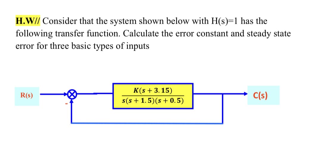 H.W// Consider that the system shown below with H(s)=1 has the
following transfer function. Calculate the error constant and steady state
error for three basic types of inputs
K(s + 3.15)
s(s + 1.5)(s+ 0. 5)
R(s)
C(s)
