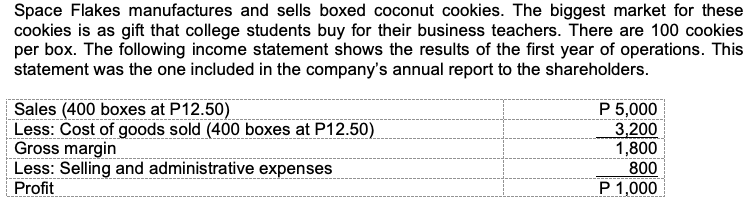 Space Flakes manufactures and sells boxed coconut cookies. The biggest market for these
cookies is as gift that college students buy for their business teachers. There are 100 cookies
per box. The following income statement shows the results of the first year of operations. This
statement was the one included in the company's annual report to the shareholders.
Sales (400 boxes at P12.50)
Less: Cost of goods sold (400 boxes at P12.50)
Gross margin
Less: Selling and administrative expenses
Profit
P 5,000
3,200
1,800
800
P 1,000
