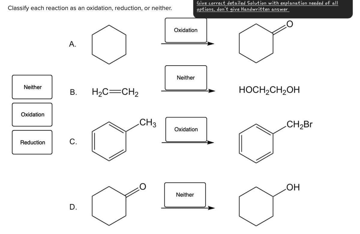 Classify each reaction as an oxidation, reduction, or neither.
Give correct detailed Solution with explanation needed of all
options, don't give Handwritten answer
A.
Oxidation
Neither
Neither
B. H2C=CH2
HOCH2CH2OH
Oxidation
CH3
CH2Br
Oxidation
Reduction
C.
OH
Neither
D.