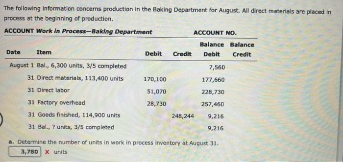 The following information concerns production in the Baking Department for August. All direct materials are placed in
process at the beginning of production.
ACCOUNT Work In Process-Baking Department
Date
Item
August 1 Bal., 6,300 units, 3/5 completed
31 Direct materials, 113,400 units
31 Direct labor
31 Factory overhead
31 Goods finished, 114,900 units
31 Bal., ? units, 3/5 completed
Debit
170,100
51,070
28,730
ACCOUNT NO.
Balance Balance
Credit
Credit Debit
248,244
7,560
177,660
228,730
257,460
9,216
9,216
a. Determine the number of units in work in process inventory at August 31.
3,780 X units