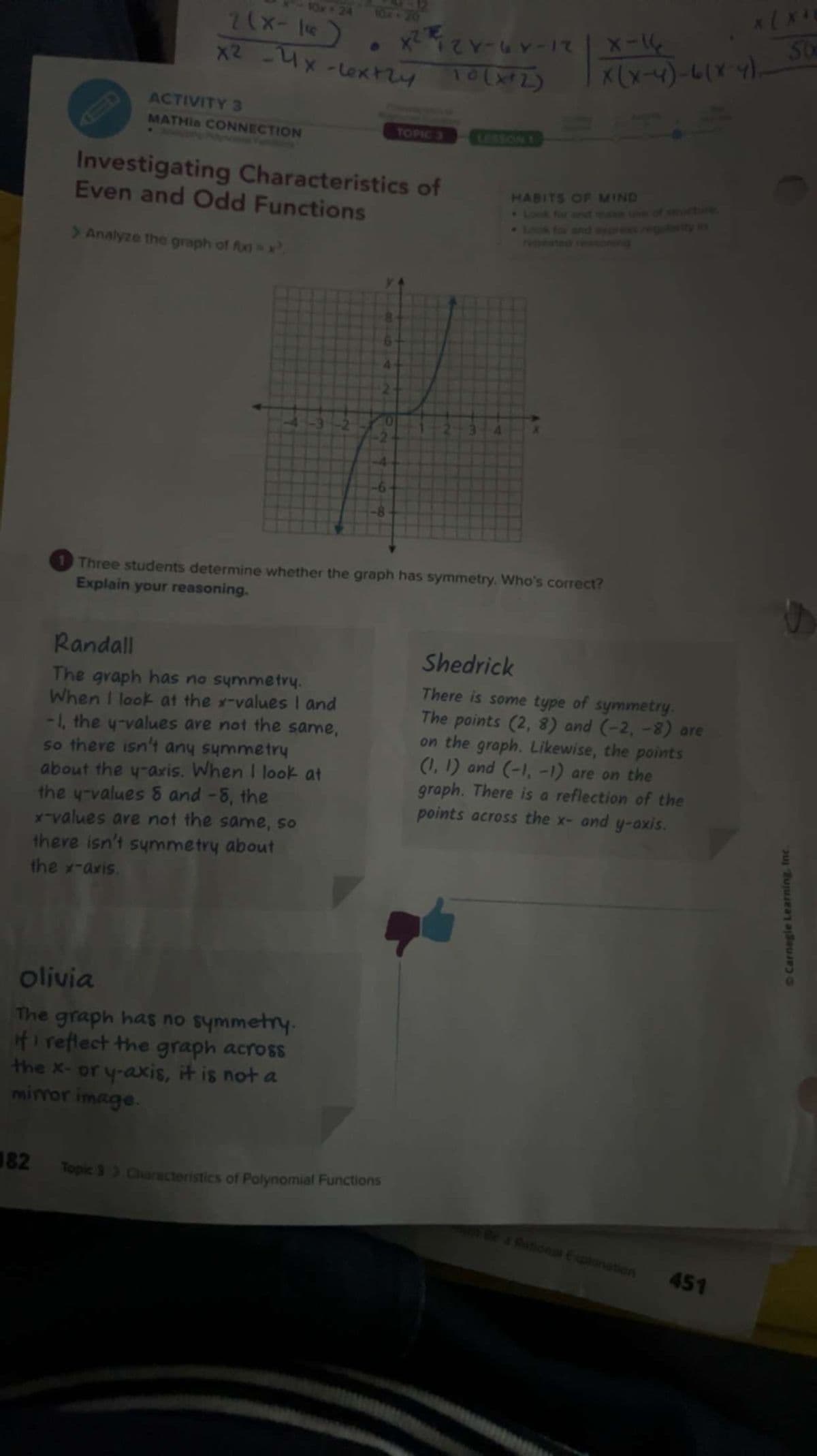 2(x-1)
x² - 4x-lextly
ACTIVITY 3
MATHIA CONNECTION
10x + 24 102-20
Investigating Characteristics of
Even and Odd Functions
> Analyze the graph of fix] = x²
Randall
The graph has no symmetry.
When I look at the x-values I and
-1, the y-values are not the same,
so there isn't any symmetry
about the y-axis. When I look at
the y-values 8 and -8, the
x-values are not the same, so
there isn't symmetry about
the x-axis.
olivia
The graph has no symmetry.
if reflect the graph across
the x- or y-axis, it is not a
mirror image.
-6-
-8
x²x2x-6 Y-12/ X-16
10 (x+2)
TOPIC 3
82 Topic 3 > Characteristics of Polynomial Functions
Three students determine whether the graph has symmetry. Who's correct?
Explain your reasoning.
x(x-4)-6(x-4),
HABITS OF MIND
Shedrick
There is some type of symmetry.
The points (2, 8) and (-2,-8) are
on the graph. Likewise, the points
(1, 1) and (-1, -1) are on the
graph. There is a reflection of the
points across the x- and y-axis.
Be a Rational Explanation
451
St
Carnegie Learning, Inc.