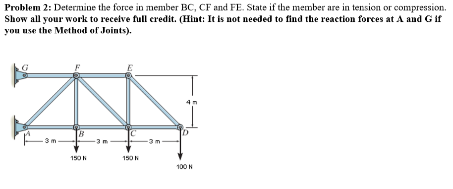 Problem 2: Determine the force in member BC, CF and FE. State if the member are in tension or compression.
Show all your work to receive full credit. (Hint: It is not needed to find the reaction forces at A and G if
you use the Method of Joints).
3 m
150 N
150 N
100 N
