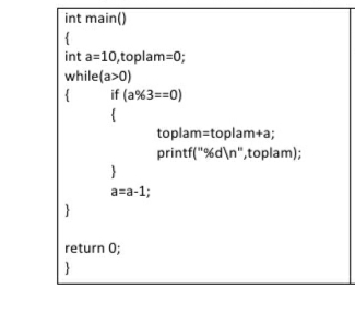 int main()
{
int a=10,toplam=0;
while(a>0)
{
if (a%3==0)
{
toplam=toplam+a;
printf("%d\n",toplam);
a=a-1;
return 0;
}
