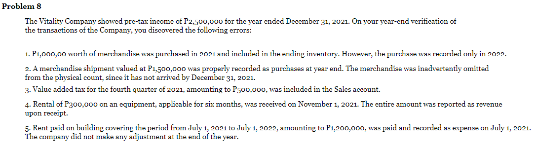 Problem 8
The Vitality Company showed pre-tax income of P2,500,000 for the year ended December 31, 2021. On your year-end verification of
the transactions of the Company, you discovered the following errors:
1. P1,000,00 worth of merchandise was purchased in 2021 and included in the ending inventory. However, the purchase was recorded only in 2022.
2. A merchandise shipment valued at P1,500,000 was properly recorded as purchases at year end. The merchandise was inadvertently omitted
from the physical count, since it has not arrived by December 31, 2021.
3. Value added tax for the fourth quarter of 2021, amounting to P500,000, was included in the Sales account.
4. Rental of P300,000 on an equipment, applicable for six months, was received on November 1, 2021. The entire amount was reported as revenue
upon receipt.
5. Rent paid on building covering the period from July 1, 2021 to July 1, 2022, amounting to P1,200,000, was paid and recorded as expense on July 1, 2021.
The company did not make any adjustment at the end of the year.