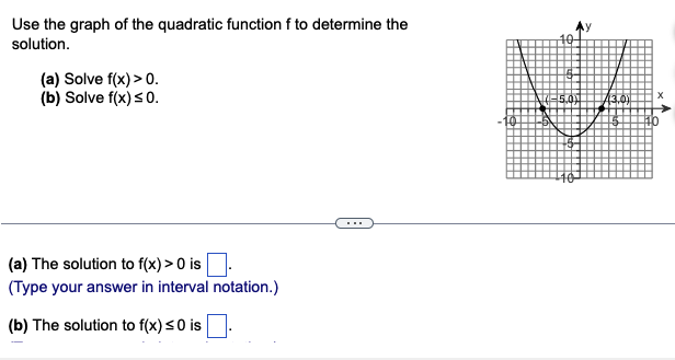 Use the graph of the quadratic function f to determine the
solution.
(a) Solve f(x) > 0.
(b) Solve f(x) ≤0.
(a) The solution to f(x) > 0 is
(Type your answer in interval notation.)
(b) The solution to f(x) ≤0 is
(5.0) 13.0)
40