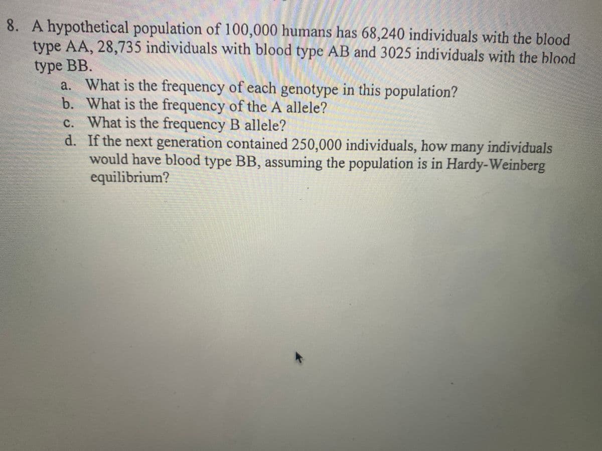 8. A hypothetical population of 100,000 humans has 68,240 individuals with the blood
type AA, 28,735 individuals with blood type AB and 3025 individuals with the blood
type BB.
a. What is the frequency of each genotype in this population?
b. What is the frequency of the A allele?
c. What is the frequency B allele?
d. If the next generation contained 250,000 individuals, how many individuals
would have blood type BB, assuming the population is in Hardy-Weinberg
equilibrium?
