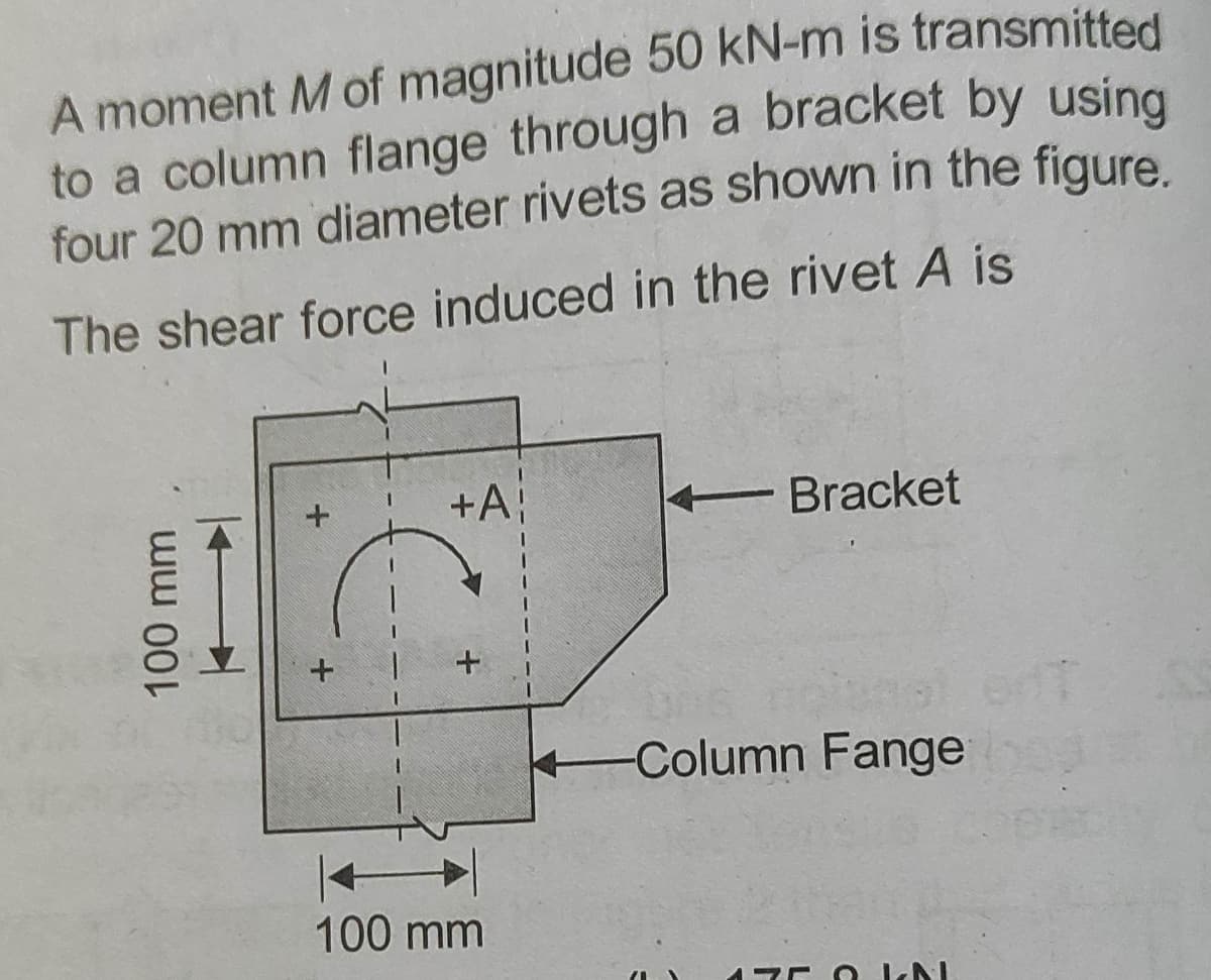 A moment M of magnitude 50 kN-m is transmitted
to a column flange through a bracket by usina
four 20 mm diameter rivets as shown in the figure
The shear force induced in the rivet A is
+A
Bracket
Column Fange
100 mm
