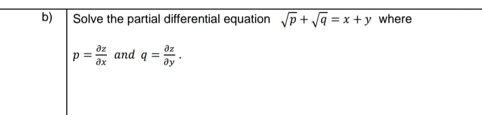 Solve the partial differential equation p+ Ja = x + y where
əz
əz
аnd q
əx
ду
