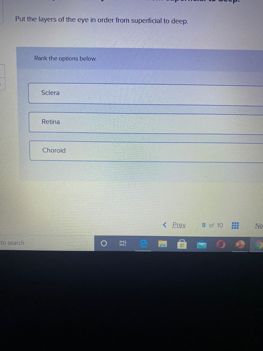 Put the layers of the eye in order from superficial to deep.
Rank the options below.
Sclera
Retina
Choroid
< Prev
8 of 10
Ne
to search
