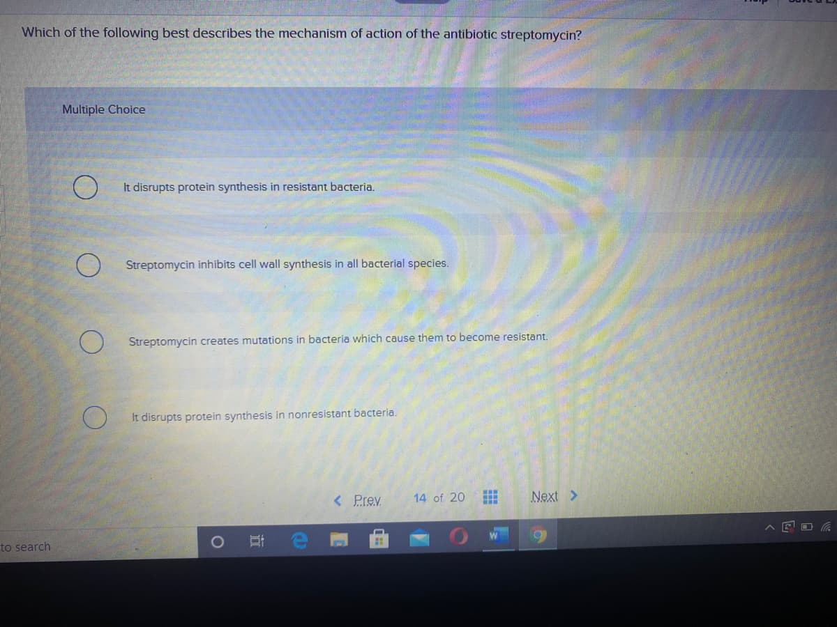 Which of the following best describes the mechanism of action of the antibiotic streptomycin?
Multiple Choice
It disrupts protein synthesis in resistant bacteria.
Streptomycin inhibits cell wall synthesis in all bacterial species.
Streptomycin creates mutations in bacteria which cause them to become resistant.
It disrupts protein synthesis in nonresistant bacteria.
< Prev
14 of 20
Next >
to search
近
O O
