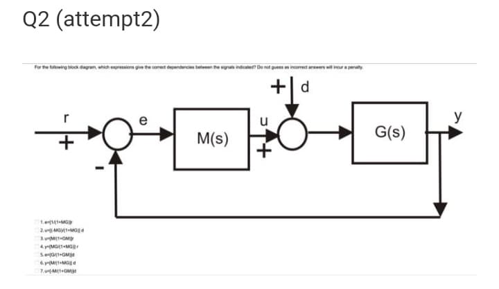 Q2 (attempt2)
For the following block diagram, which expressions give the corect dependencies between the signas indcated? Do not guess an incorrect answers wil inour a penalty.
+| d
u
y
M(s)
G(s)
1.eMG
2. u MG-MG
4 y-MG(t+MG
SeG+GMjd
6. yM-MG d
7.uMEOMI
