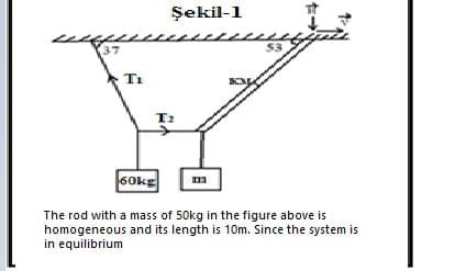 Şekil-1
37
$3
T1
60kg
The rod with a mass of 50kg in the figure above is
homogeneous and its length is 10m. Since the system is
in equilibrium
