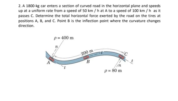 2. A 1800-kg car enters a section of curved road in the horizontal plane and speeds
up at a uniform rate from a speed of 50 km / h at A to a speed of 100 km / h as it
passes C. Determine the total horizontal force exerted by the road on the tires at
positions A, B, and C. Point B is the inflection point where the curvature changes
direction.
p= 400 m
200 m
A
B
p= 80 m

