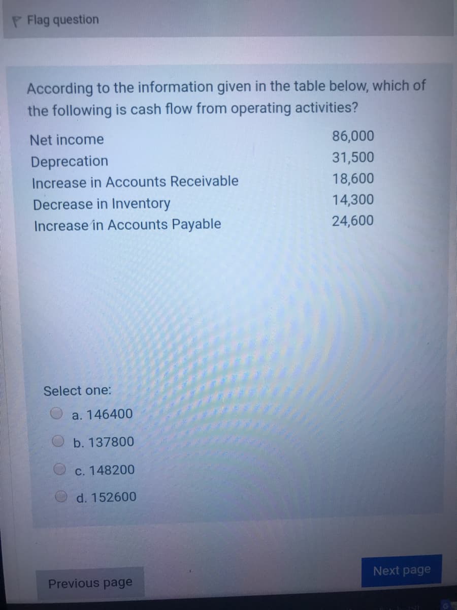 P Flag question
According to the information given in the table below, which of
the following is cash flow from operating activities?
Net income
86,000
Deprecation
31,500
Increase in ACcounts Receivable
18,600
Decrease in Inventory
14,300
Increase in Accounts Payable
24,600
Select one:
a. 146400
b. 137800
C. 148200
d. 152600
Next page
Previous page
