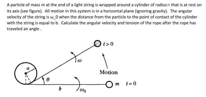 A particle of mass m at the end of a light string is wrapped around a cylinder of radius a that is at rest on
its axis (see figure). All motion in this system is in a horizontal plane (ignoring gravity). The angular
velocity of the string is w_0 when the distance from the particle to the point of contact of the cylinder
with the string is equal to b. Calculate the angular velocity and tension of the rope after the rope has
traveled an angle .
t>0
Motion
m
t= 0

