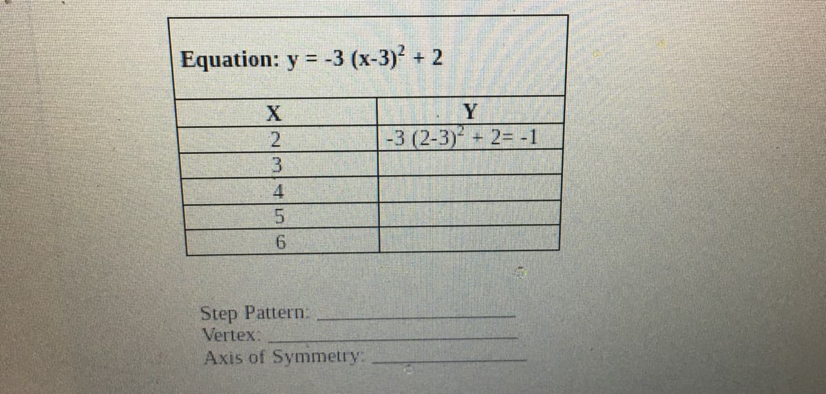 Equation: y = -3 (x-3) + 2
%3D
Y
|-3 (2-3) + 2= -1
4
5.
9.
Step Pattern:
Vertex:
Axis of Symmetry:
