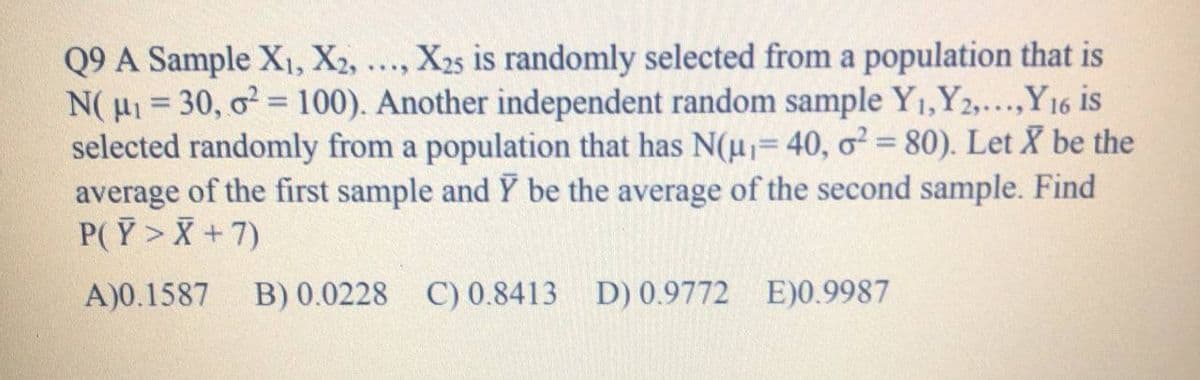 Q9 A Sample X1, X2, ..., X25 is randomly selected from a population that is
N( Hi = 30, o? = 100). Another independent random sample Y1,Y2,...,Y16 is
selected randomly from a population that has N(u= 40, o? = 80). Let X be the
average of the first sample and Y be the average of the second sample. Find
P(Y>X +7)
%3D
%3D
A)0.1587
B) 0.0228 C) 0.8413 D) 0.9772 E)0.9987
