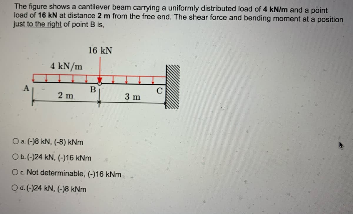 The figure shows a cantilever beam carrying a uniformly distributed load of 4 kN/m and a point
load of 16 kN at distance 2 m from the free end. The shear force and bending moment at a position
just to the right of point B is,
16 kN
4 kN/m
C
2 m
3 m
O a. (-)8 kN, (-8) kNm
O b.(-)24 kN, (-)16 kNm
Oc. Not determinable, (-)16 kNm
Od. (-)24 kN, (-)8 kNm
