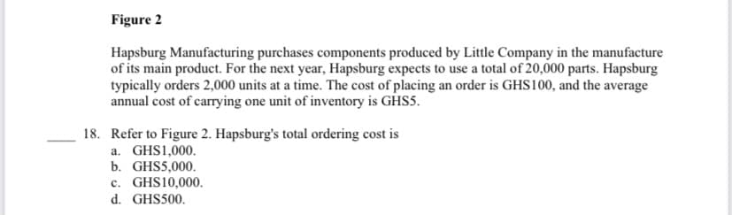 Figure 2
Hapsburg Manufacturing purchases components produced by Little Company in the manufacture
of its main product. For the next year, Hapsburg expects to use a total of 20,000 parts. Hapsburg
typically orders 2,000 units at a time. The cost of placing an order is GHS100, and the average
annual cost of carrying one unit of inventory is GHS5.
18. Refer to Figure 2. Hapsburg's total ordering cost is
a. GHS1,000.
b. GHS5,000.
c. GHS10,000.
d. GHS500.
