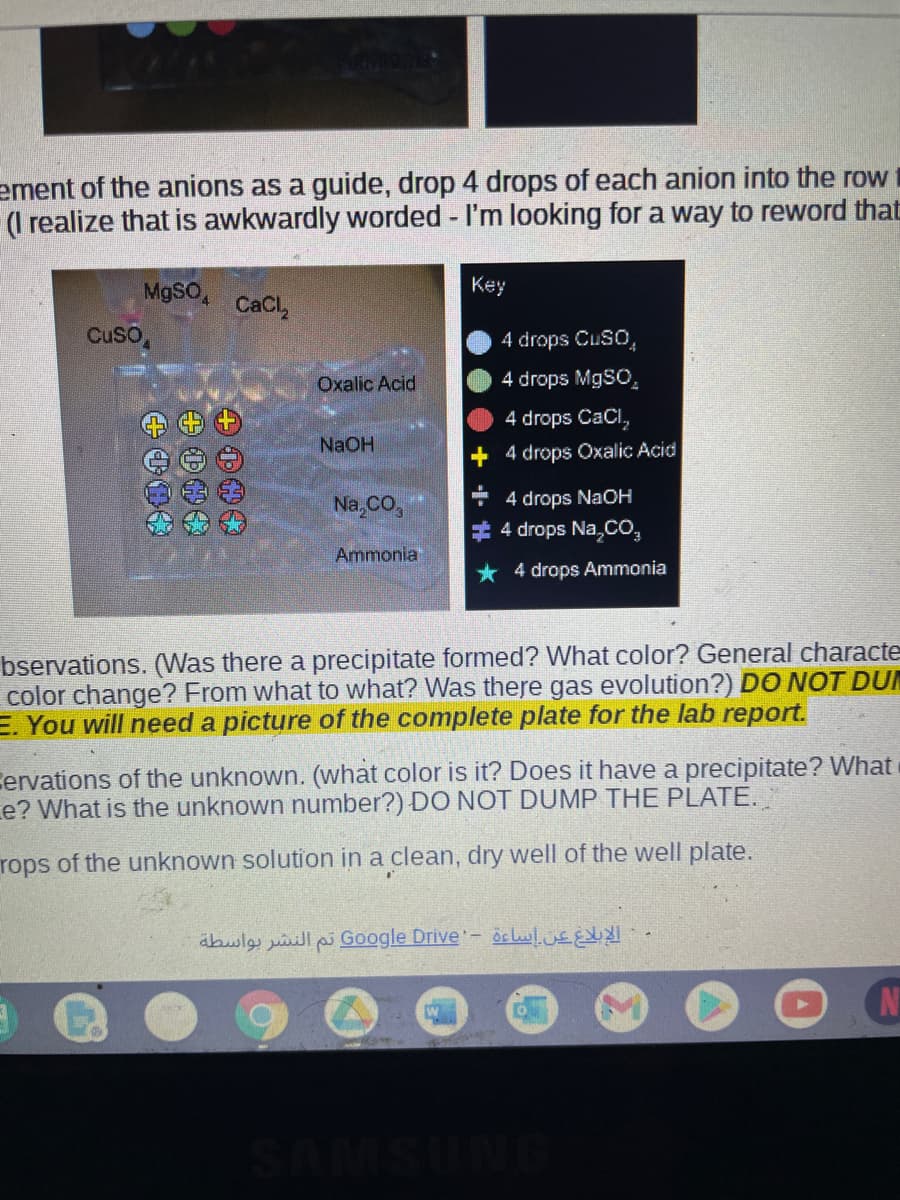 ement of the anions as a guide, drop 4 drops of each anion into the row
(I realize that is awkwardly worded - I'm looking for a way to reword that
MgSO,
Key
CaCl,
CuSO,
4 drops CuSO,
Oxalic Acid
4 drops MgSO,
4 drops CaCl,
NAOH
4 drops Oxalic Acid
4 drops NaOH
# 4 drops Na,cO,
Na,CO,
Ammonia
* 4 drops Ammonia
bservations. (Was there a precipitate formed? What color? General characte
color change? From what to what? Was there gas evolution?) DO NOT DUM
E. You will need a picture of the complete plate for the lab report.
Eervations of the unknown. (what color is it? Does it have a precipitate? What
e? What is the unknown number?) DO NOT DUMP THE PLATE.
rops of the unknown solution in a clean, dry well of the well plate.
abwle jiill pi Google Drive'- öclwl us E
N
