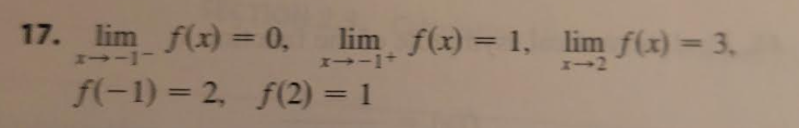 17. lim_f(x) = 0.
lim f(x) = 1, lim f(x) = 3.
x-1+
x 2
I-1
f(-1) = 2, f(2)=1