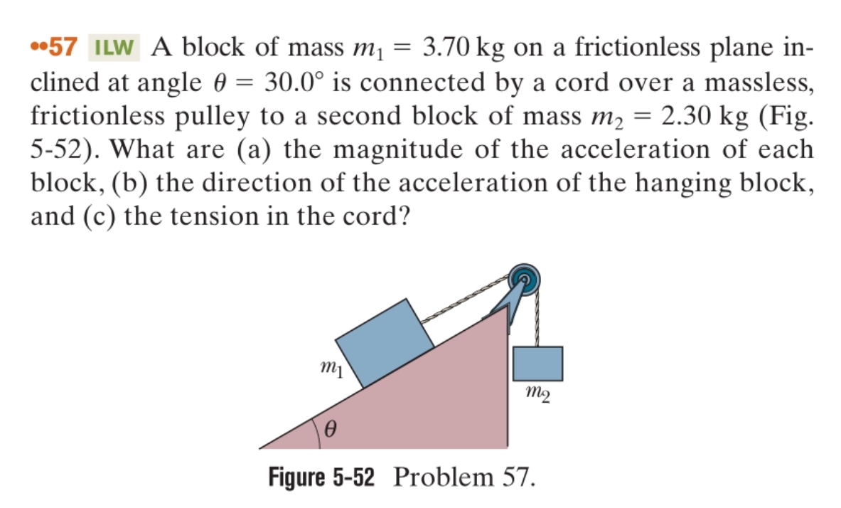 •57 ILW A block of mass m¡ =
3.70 kg on a frictionless plane in-
clined at angle 0 = 30.0° is connected by a cord over a massless,
frictionless pulley to a second block of mass m2 = 2.30 kg (Fig.
5-52). What are (a) the magnitude of the acceleration of each
block, (b) the direction of the acceleration of the hanging block,
and (c) the tension in the cord?
m2
Figure 5-52 Problem 57.
