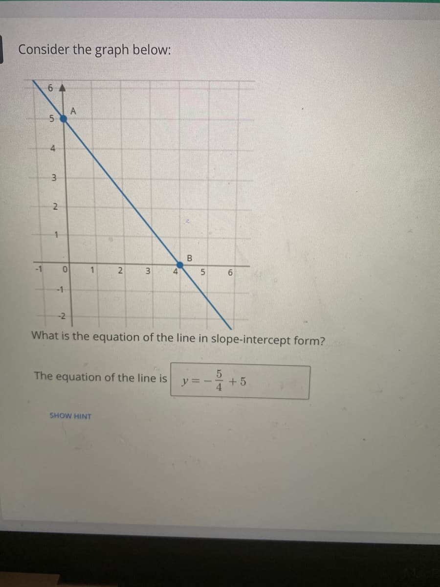 Consider the graph below:
6 A
A
4.
-1
3.
4
-1
-2
What is the equation of the line in slope-intercept form?
The equation of the line is
+ 5
SHOW HINT
5/4
