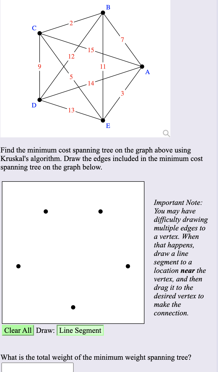 В
C
15
12
11
A
5
3
D
E
Find the minimum cost spanning tree on the graph above using
Kruskal's algorithm. Draw the edges included in the minimum cost
spanning tree on the graph below.
Important Note:
You may have
difficulty drawing
multiple edges to
a vertex. When
that happens,
draw a line
segment to a
location near the
vertex, and then
drag it to the
desired vertex to
make the
соппеction.
Clear All Draw: Line Segment
What is the total weight of the minimum weight spanning tree?
