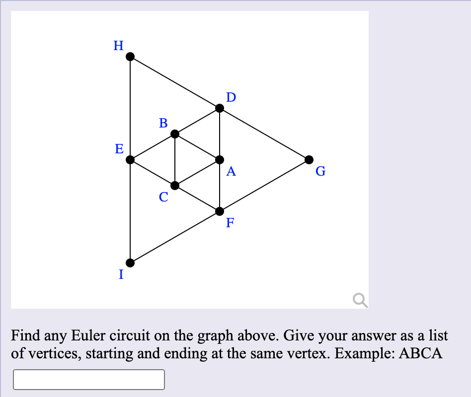 H
D
В
E
A
G
C
F
I
Find any Euler circuit on the graph above. Give your answer as a list
of vertices, starting and ending at the same vertex. Example: ABCA
