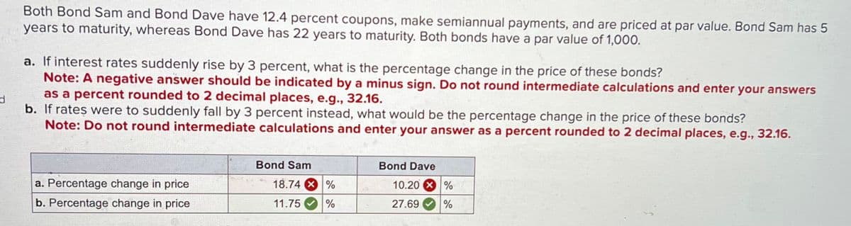 d
Both Bond Sam and Bond Dave have 12.4 percent coupons, make semiannual payments, and are priced at par value. Bond Sam has 5
years to maturity, whereas Bond Dave has 22 years to maturity. Both bonds have a par value of 1,000.
a. If interest rates suddenly rise by 3 percent, what is the percentage change in the price of these bonds?
Note: A negative answer should be indicated by a minus sign. Do not round intermediate calculations and enter your answers
as a percent rounded to 2 decimal places, e.g., 32.16.
b. If rates were to suddenly fall by 3 percent instead, what would be the percentage change in the price of these bonds?
Note: Do not round intermediate calculations and enter your answer as a percent rounded to 2 decimal places, e.g., 32.16.
a. Percentage change in price
b. Percentage change in price
Bond Sam
Bond Dave
18.74 %
10.20%
11.75
%
27.69
%
