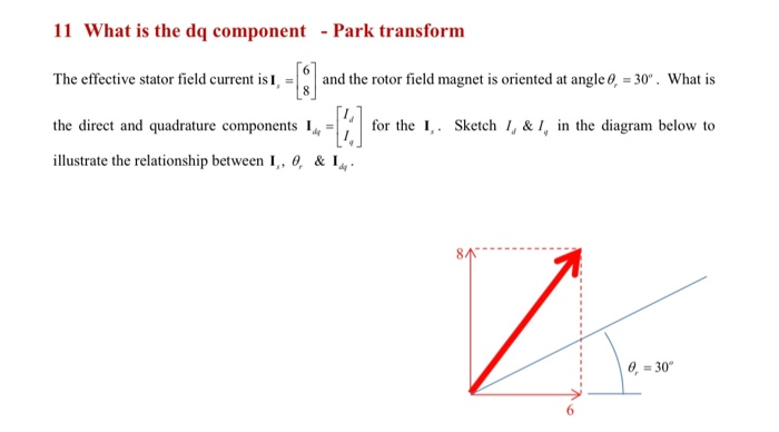 11 What is the dq component - Park transform
The effective stator field current is I, =
and the rotor field magnet is oriented at angle 0, = 30" . What is
8.
the direct and quadrature components =
for the I,. Sketch 1, & 1, in the diagram below to
illustrate the relationship between 1,, 0, & L.
0, = 30"
