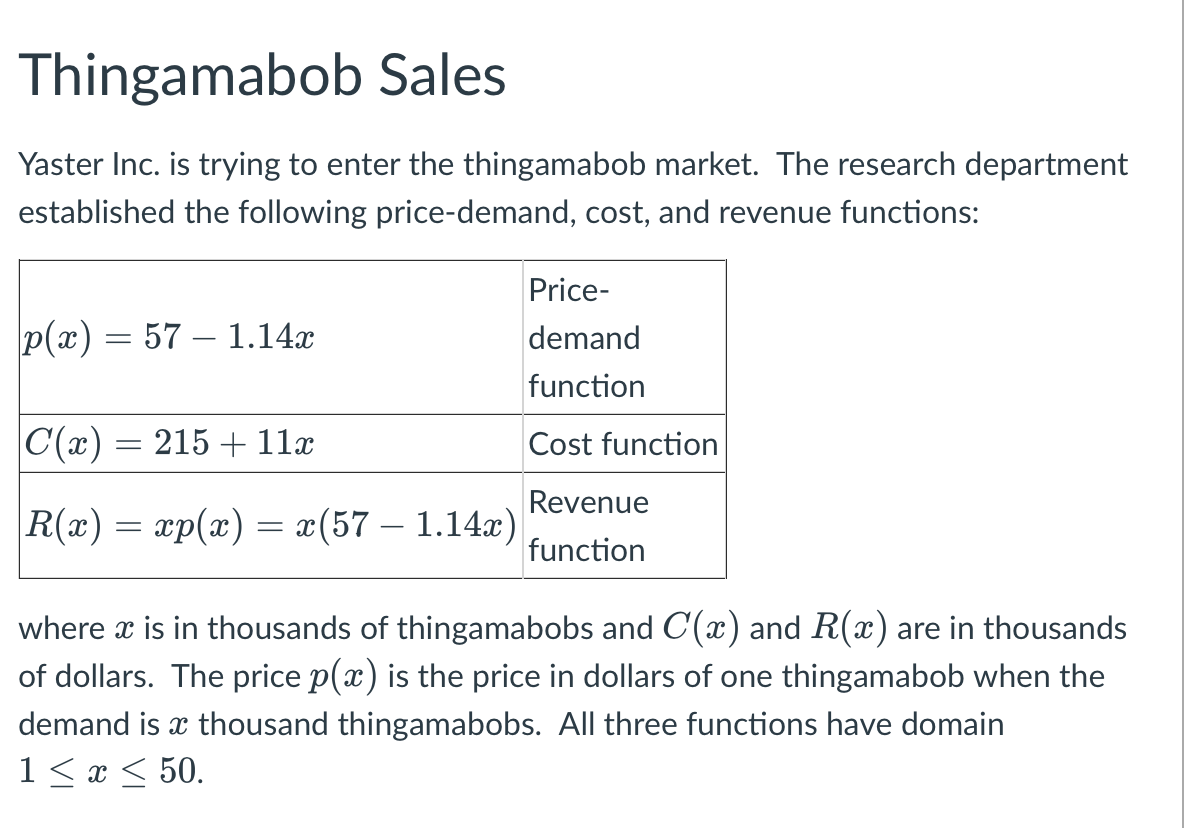 Thingamabob Sales
Yaster Inc. is trying to enter the thingamabob market. The research department
established the following price-demand, cost, and revenue functions:
Price-
p(x) = 57 1.14x
demand
function
|C(x) = 215 + 11x
Cost function
Revenue
R(x) = xp(x) = x(57 - 1.14x)
function
where x is in thousands of thingamabobs and C'(x) and R(x) are in thousands
of dollars. The price p(x) is the price in dollars of one thingamabob when the
demand is a thousand thingamabobs. All three functions have domain
1 ≤ x ≤ 50.