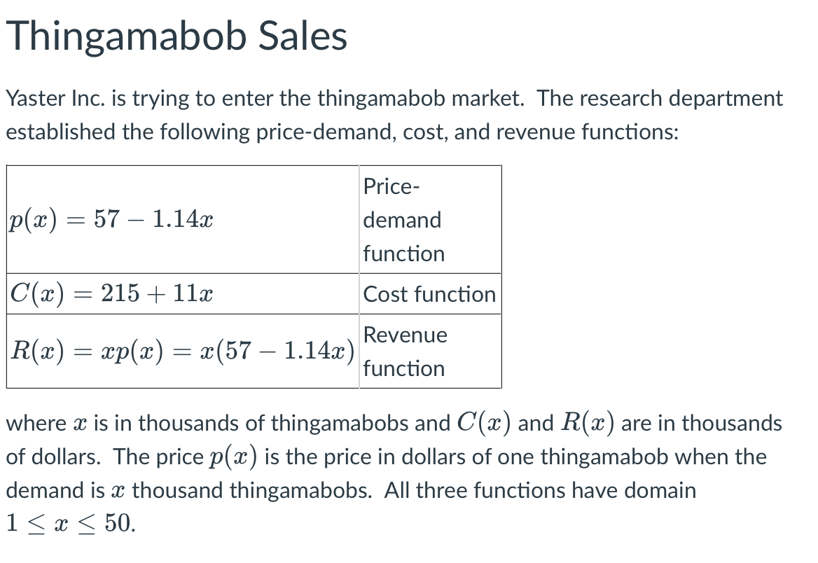 Thingamabob Sales
Yaster Inc. is trying to enter the thingamabob market. The research department
established the following price-demand, cost, and revenue functions:
Price-
p(x) = 57 1.14x
demand
function
C(x) = 215 + 11x
Cost function
Revenue
R(x) = xp(x) = x(57-1.14x)
function
where x is in thousands of thingamabobs and C(x) and R(x) are in thousands
of dollars. The price p(x) is the price in dollars of one thingamabob when the
demand is a thousand thingamabobs. All three functions have domain
1 ≤ x ≤ 50.