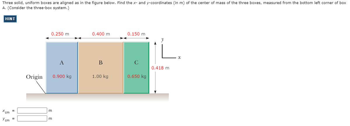 Three solid, uniform boxes are aligned as in the figure below. Find the x- and y-coordinates (in m) of the center of mass of the three boxes, measured from the bottom left corner of box
A. (Consider the three-box system.)
HINT
0.250 m
0.400 m
0.150 m
A
B
C
0.418 m
Origin
0.900 kg
1.00 kg
0.650 kg
Xcm
m
Y cm
