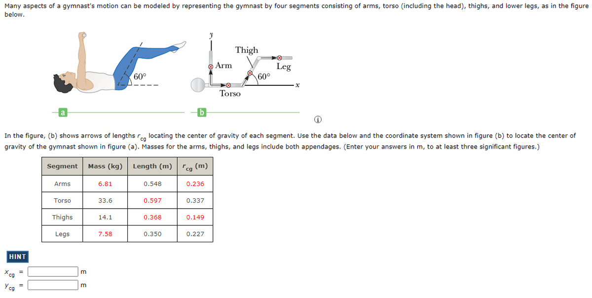 Many aspects of a gymnast's motion can be modeled by representing the gymnast by four segments consisting of arms, torso (including the head), thighs, and lower legs, as in the figure
below.
Thigh
O Arm
Leg
60°
60°
Torso
In the figure, (b) shows arrows of lengths r., locating the center of gravity of each segment. Use the data below and the coordinate system shown in figure (b) to locate the center of
gravity of the gymnast shown in figure (a). Masses for the arms, thighs, and legs include both appendages. (Enter your answers in m, to at least three significant figures.)
Segment
Mass (kg)
Length (m)
"cg (m)
Arms
6.81
0.548
0.236
Torso
33.6
0.597
0.337
Thighs
14.1
0.368
0.149
Legs
7.58
0.350
0.227
HINT
Xcg
Y cg

