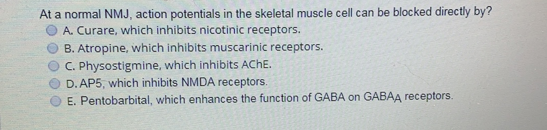 At a normal NMJ, action potentials in the skeletal muscle cell can be blocked directly by?
A. Curare, which inhibits nicotinic receptors.
B. Atropine, which inhibits muscarinic receptors.
C. Physostigmine, which inhibits ACHE.
D. AP5, which inhibits NMDA receptors.
E. Pentobarbital, which enhances the function of GABA on GABAA receptors.
