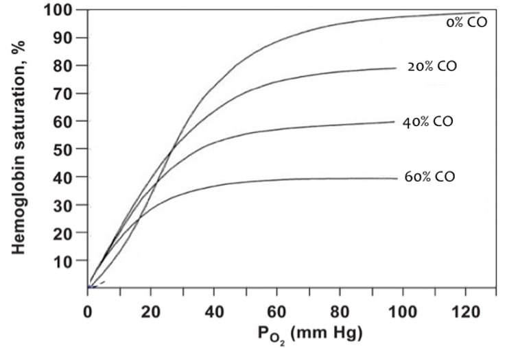 100
0% CO
90
80
20% CO
70
60
40% CO
50
40
60% CO
30
20
10
20
40
60
80
100
120
Po, (mm Hg)
Hemoglobin saturation, %
