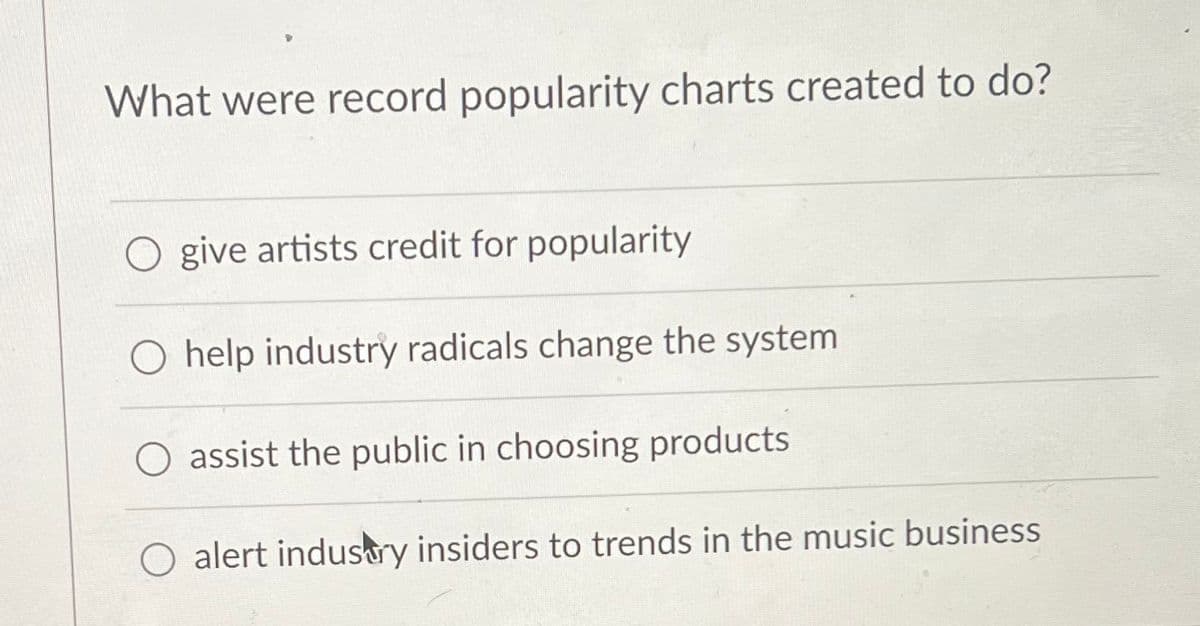 What were record popularity charts created to do?
O give artists credit for popularity
O help industry radicals change the system
O assist the public in choosing products
O alert industry insiders to trends in the music business