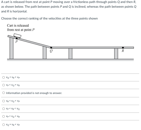 A cart is released from rest at point P moving over a frictionless path through points Q and then R,
as shown below. The path between points P and Q is inclined, whereas the path between points Q
and R is horizontal.
Choose the correct ranking of the velocities at the three points shown
Cart is released
from rest at point P
R
O vq « VR * Vp
O Vp< VQ - VR
O Information provided is not enough to answer.
O VR * VQ * Vp
O vp < VR < VQ
O vp< Vq* VR
O vq - VR* VP

