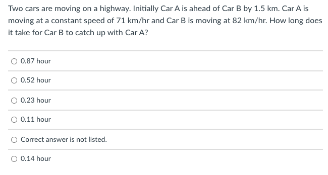 Two cars are moving on a highway. Initially Car A is ahead of Car B by 1.5 km. Car A is
moving at a constant speed of 71 km/hr and Car B is moving at 82 km/hr. How long does
it take for Car B to catch up with Car A?
0.87 hour
0.52 hour
0.23 hour
0.11 hour
Correct answer is not listed.
O 0.14 hour

