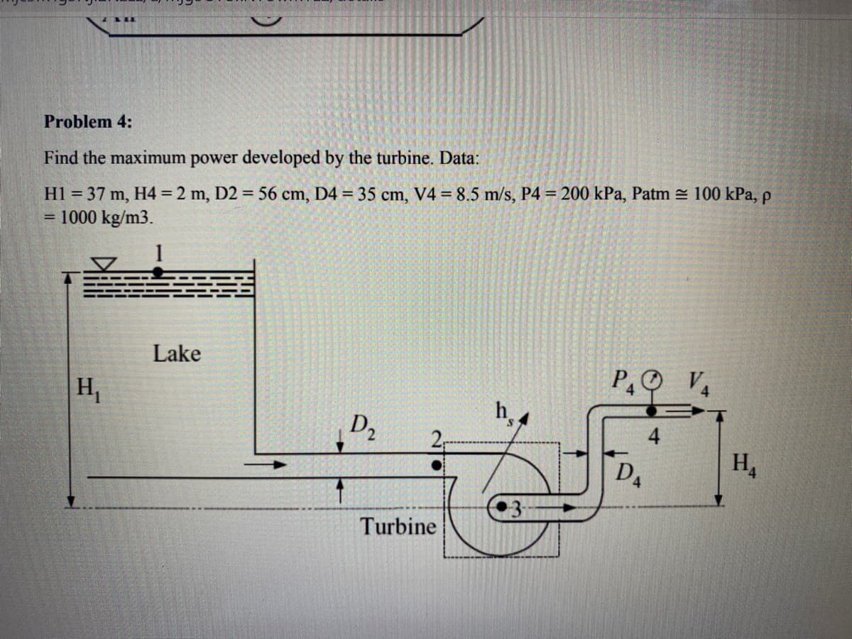 Problem 4:
Find the maximum power developed by the turbine. Data:
H1 = 37 m, H4 = 2 m, D2 = 56 cm, D4 = 35 cm, V4 = 8.5 m/s, P4 = 200 kPa, Patm = 100 kPa, p
1000 kg/m3.
%3D
Lake
H,
P, V,
D2
h ,
Turbine
