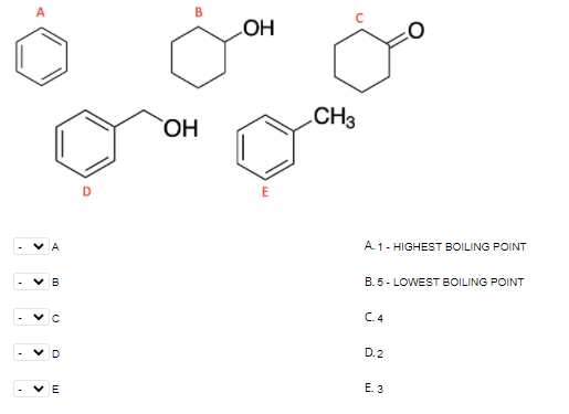 LOH
CH3
- v A
A. 1- HIGHEST BOILING POINT
V B
B. 5 - LOWEST BOILING POINT
C.4
D.2
- VE
E. 3
