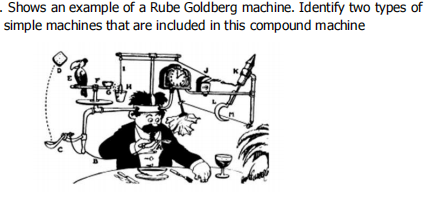 . Shows an example of a Rube Goldberg machine. Identify two types of
simple machines that are indluded in this compound machine

