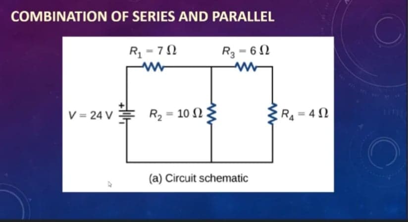 COMBINATION OF SERIES AND PARALLEL
R = 70
R3 = 6N
V = 24 V
R2 = 10 N
RA= 4 N
%3D
(a) Circuit schematic
