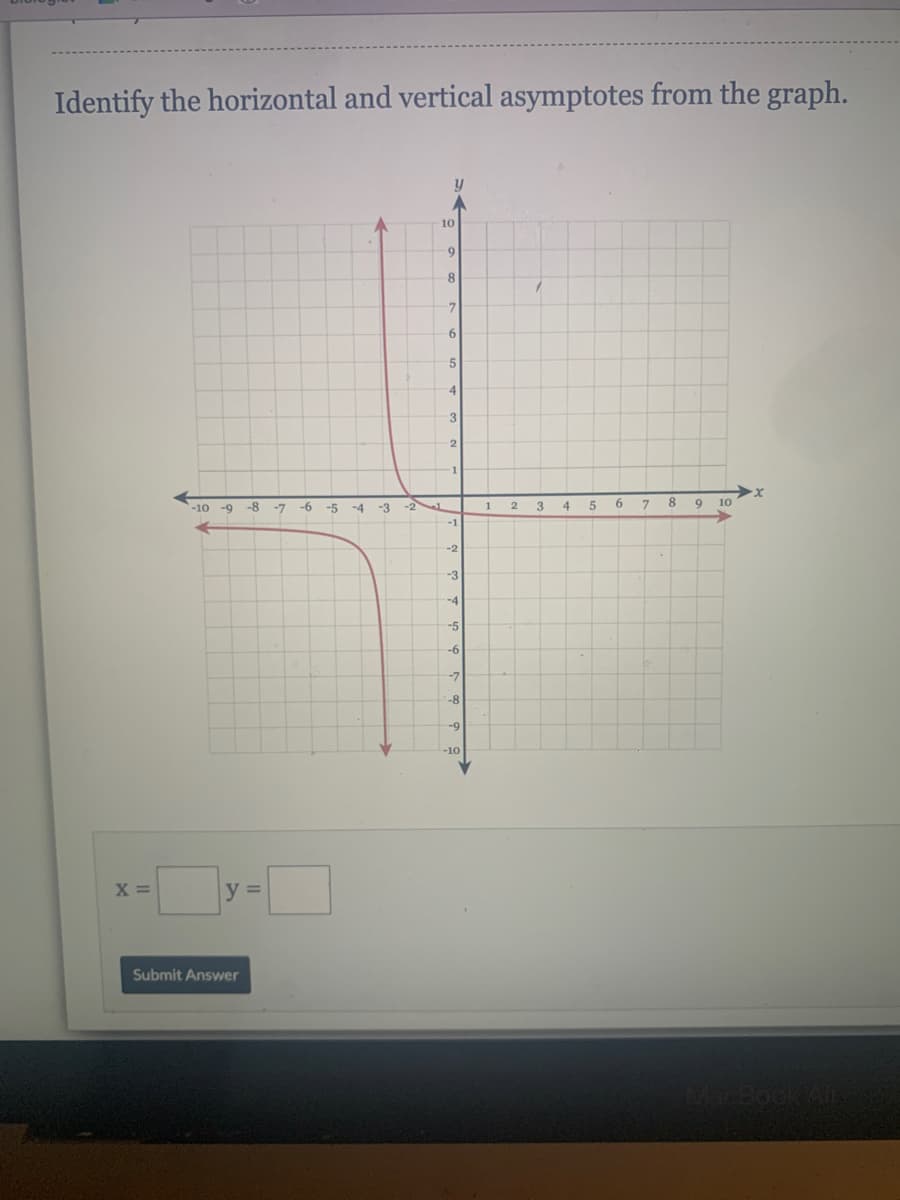Identify the horizontal and vertical asymptotes from the graph.
10
6.
6.
5.
4
3.
-10
-9
-8
-7
-5
-4
-3
-2
3
4
6.
10
-1
-2
-3
-4
-5
-6
-7
-8
-9
-10
X =
y =
Submit Answer
