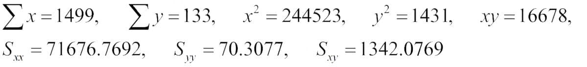 Σx 1499, Σν13,
Σν- 133,
x* = 244523, y = 1431,
xy = 16678,
S = 71676.7692,
S = 70.3077,
S = 1342.0769
NX
XV
