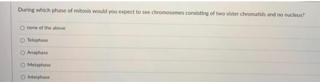 During which phase of mitosis would you expect to see chromosomes consisting of two sister chromatids and no nucleus?
O none of the above
O Telophase
O Anaphase
O Metaphase
O Interphase
